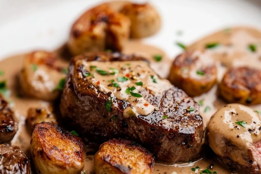 Delicious Steak Diane plated with rich sauce and garnishes