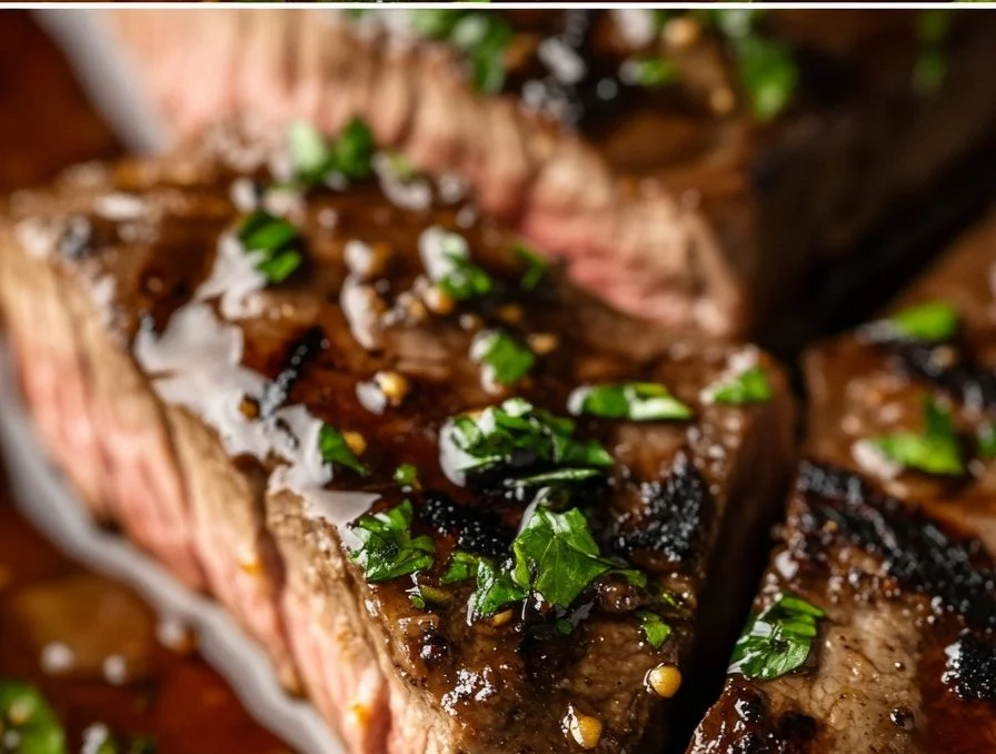 Grilled balsamic flank steak garnished with herbs on a wooden plate