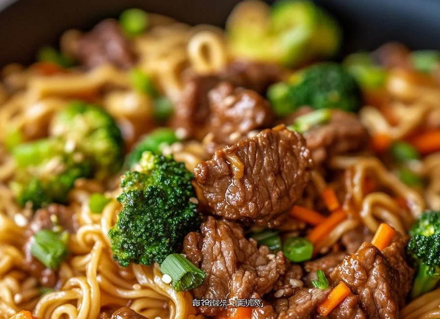 Delicious Beef and Broccoli Lo Mein Noodles served with fresh ingredients.