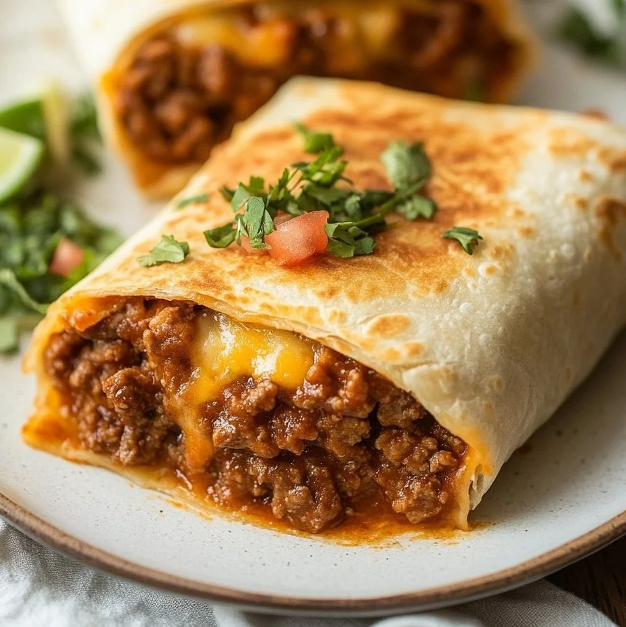 Delicious beef and cheese chimichangas served on a plate with toppings