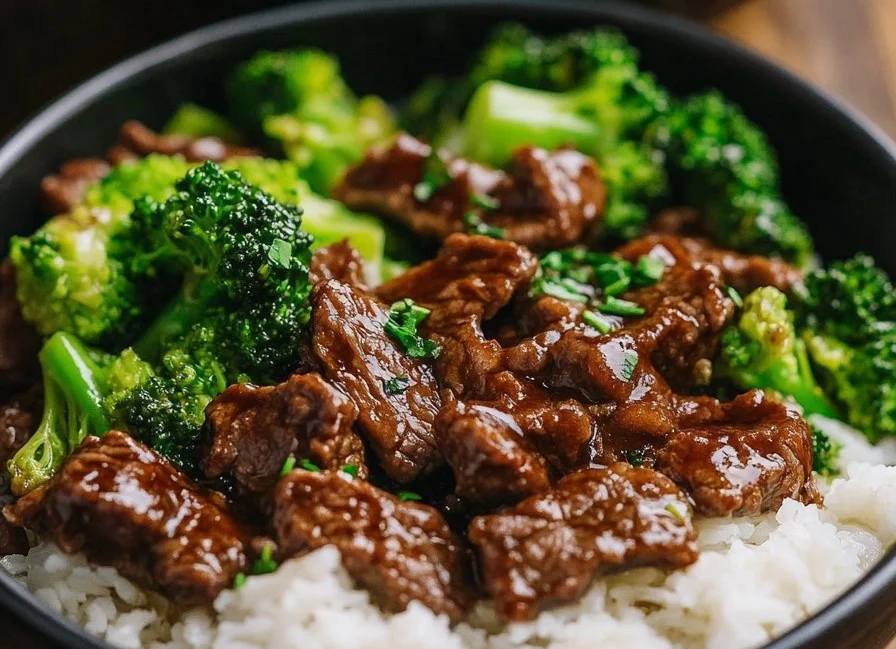 Plate of better-than-takeout beef with broccoli served with rice