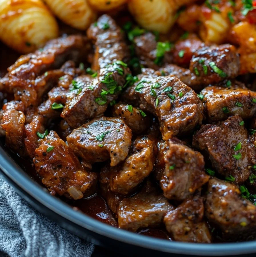 Cajun steak bites served with cheesy garlic shells in a skillet dish