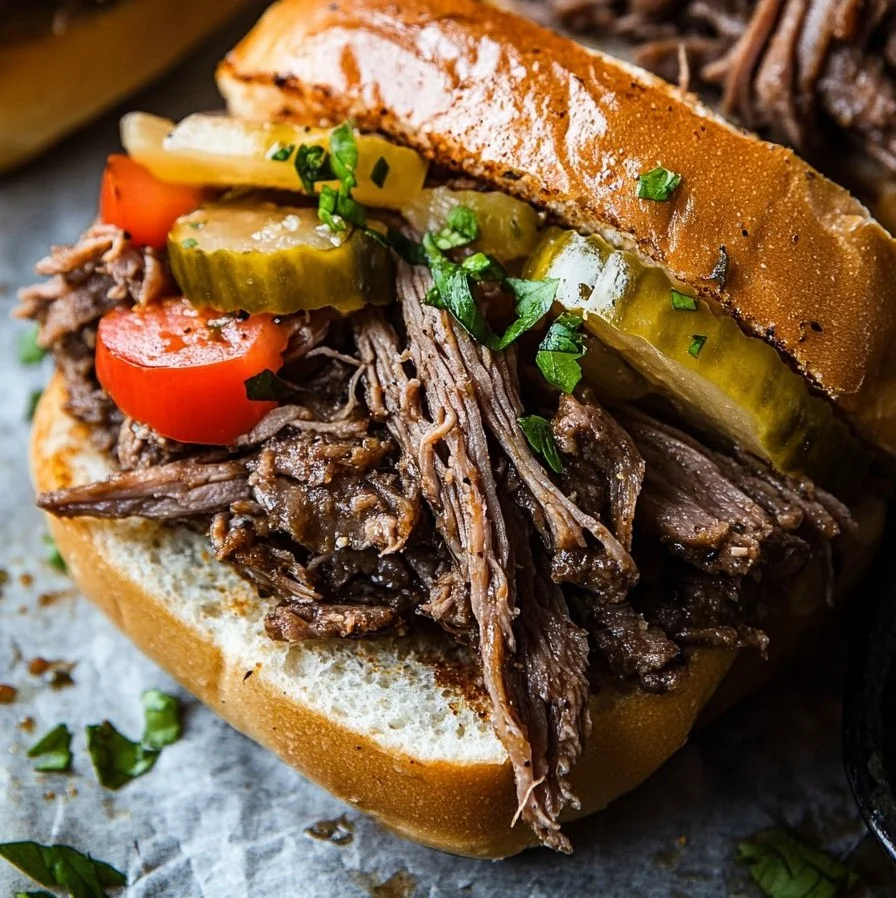 Chicago-style Italian beef sandwich with peppers and au jus