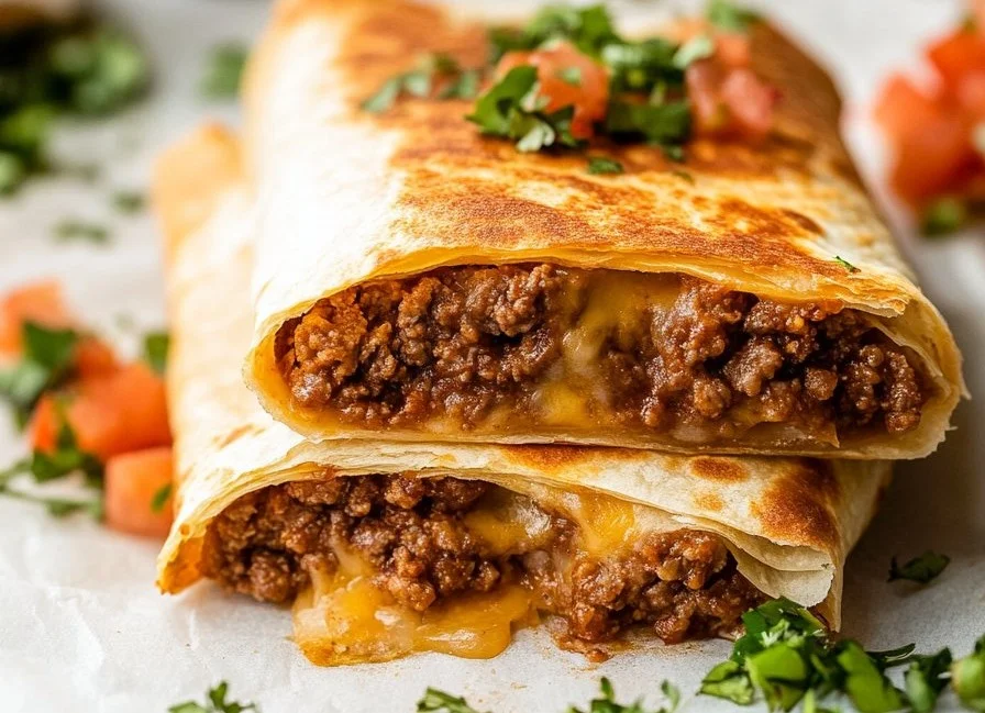 Crunchy crispy beef chimichangas filled with cheese and savory beef