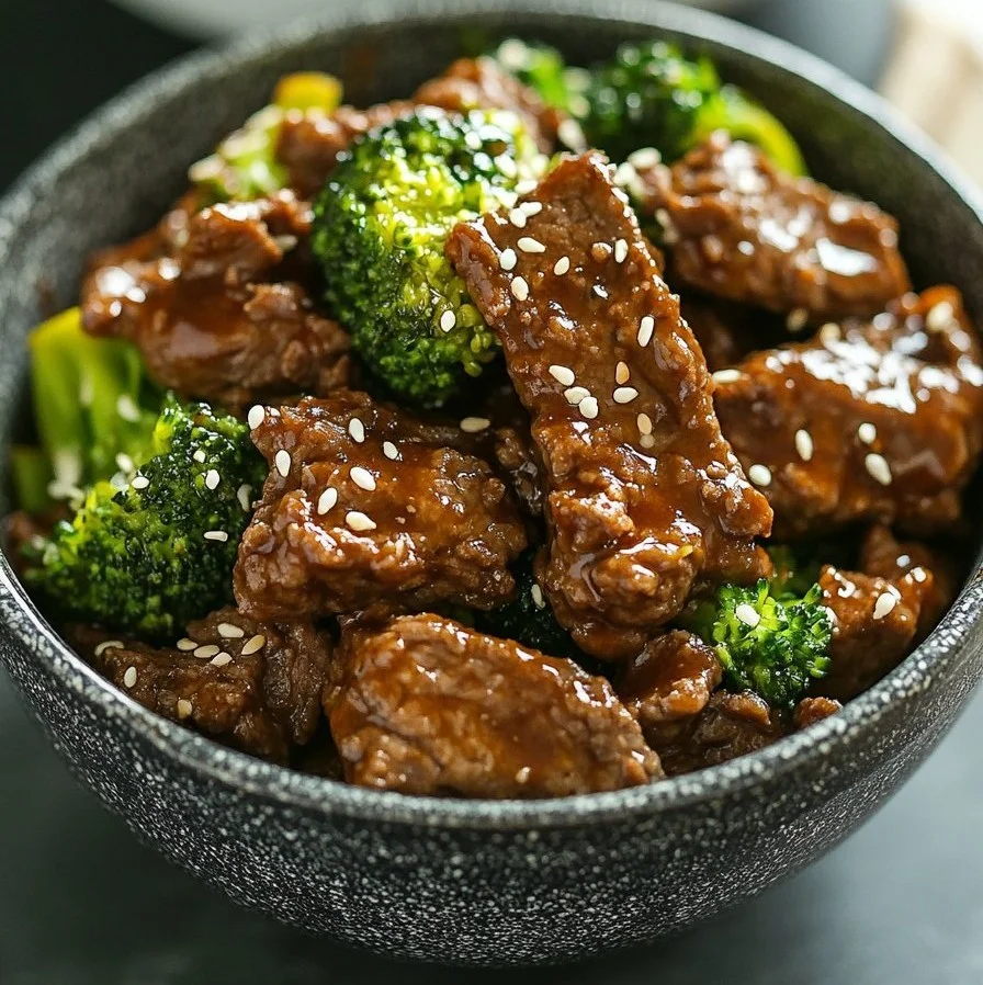 Delicious easy beef and broccoli dish served with rice and vegetables.