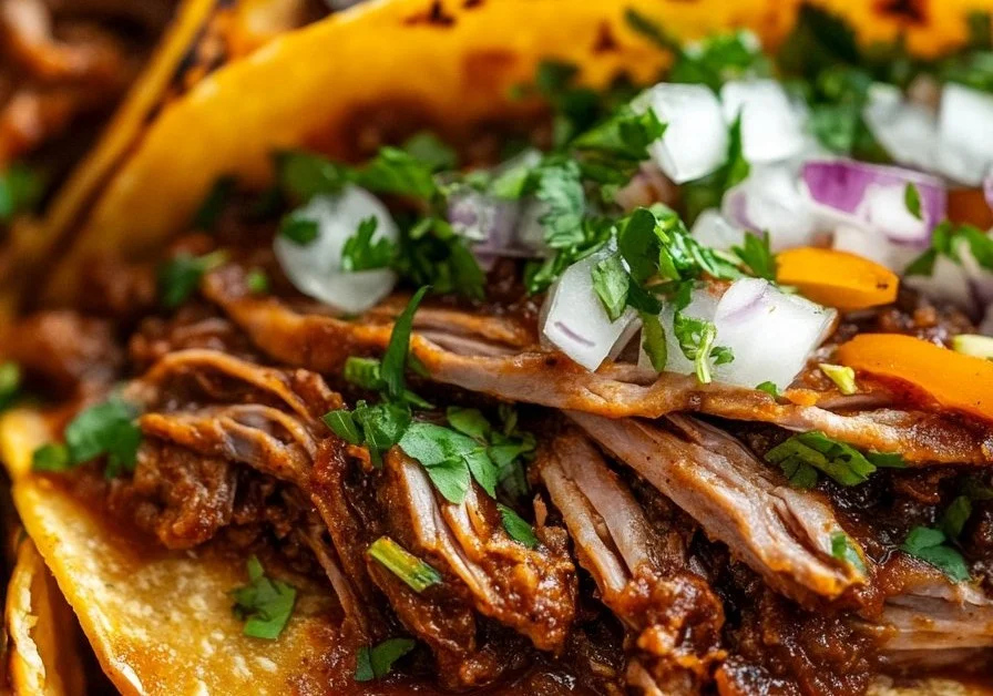Slow-cooked birria tacos on a plate, garnished with onions and cilantro.