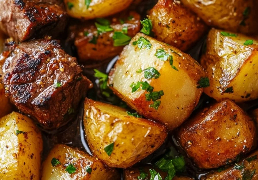 Delicious garlic steak bites served with roasted potatoes