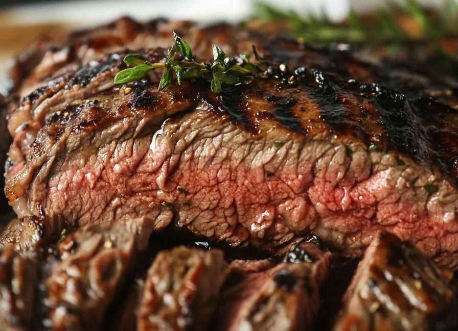 Grilled flank steak marinated in citrus, served on a platter