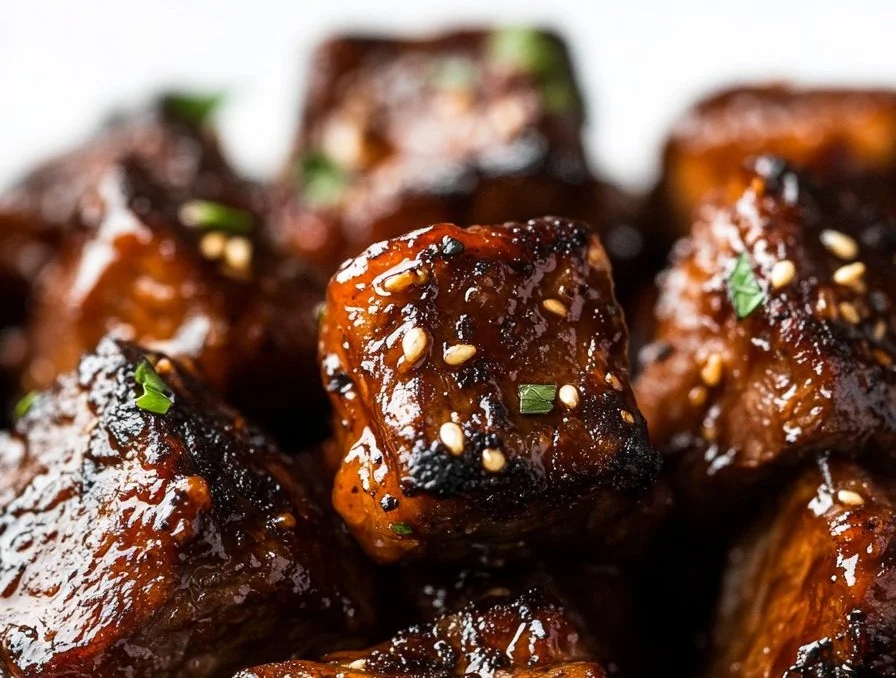 Honey Garlic Steak Bites served on a platter with garnish
