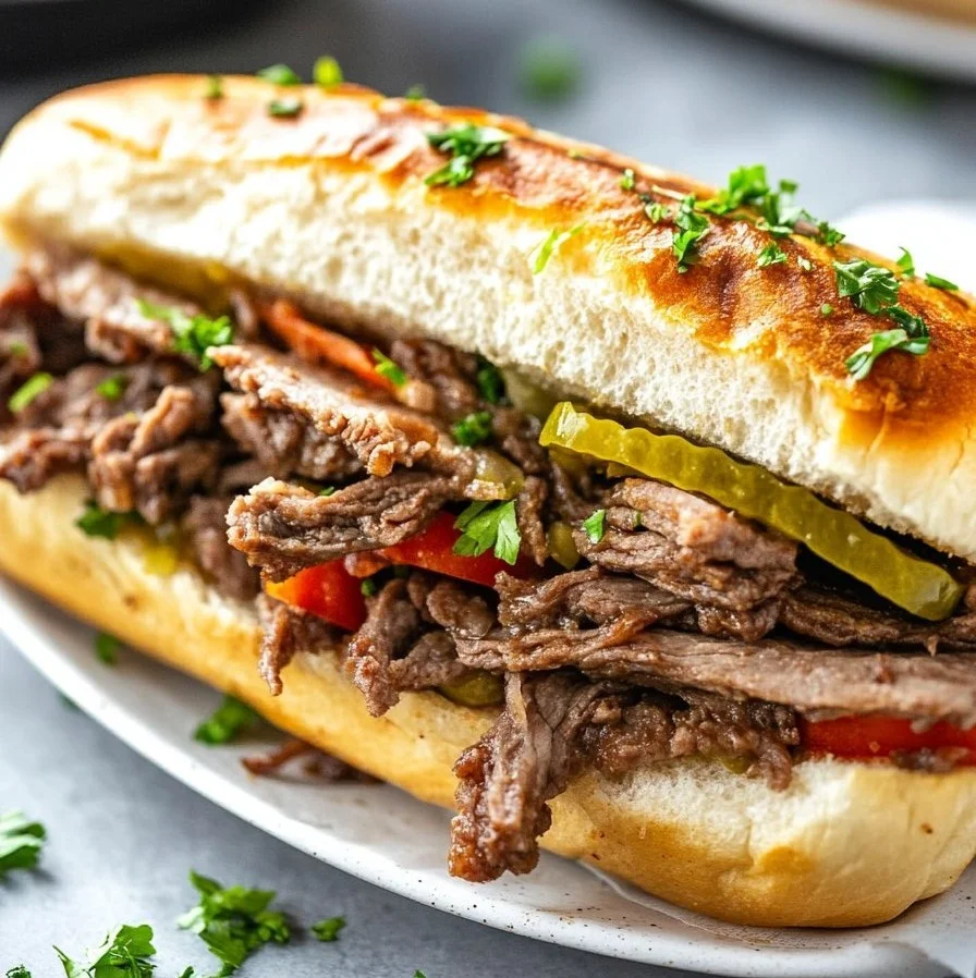 Delicious Italian Beef sandwich with au jus and pepperoncini peppers