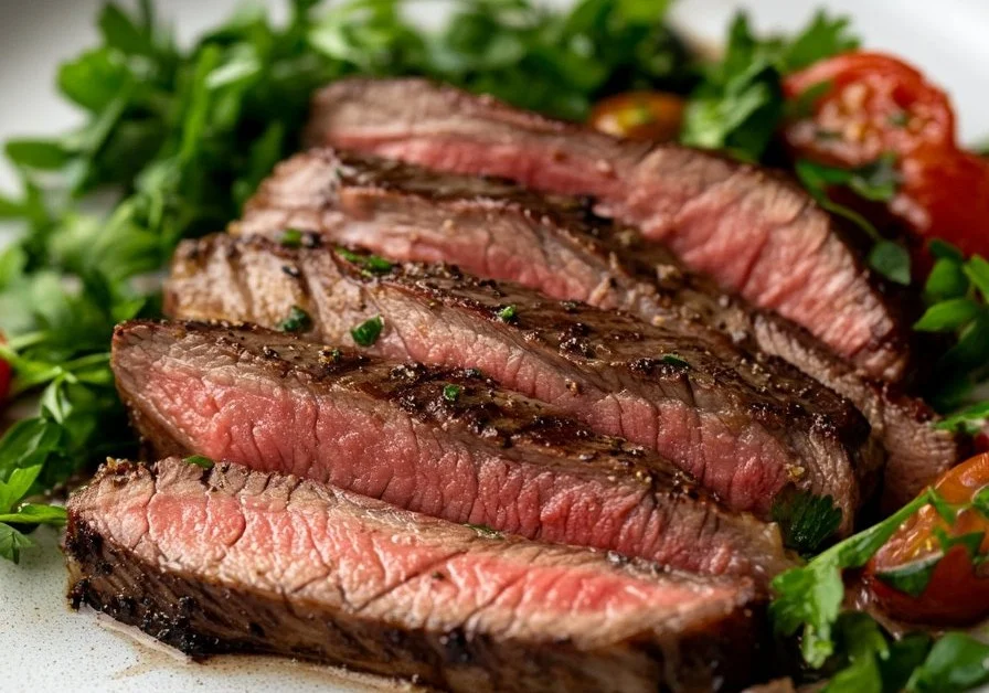 Juicy flank steak cooked in 20 minutes, served with fresh herbs and spices.