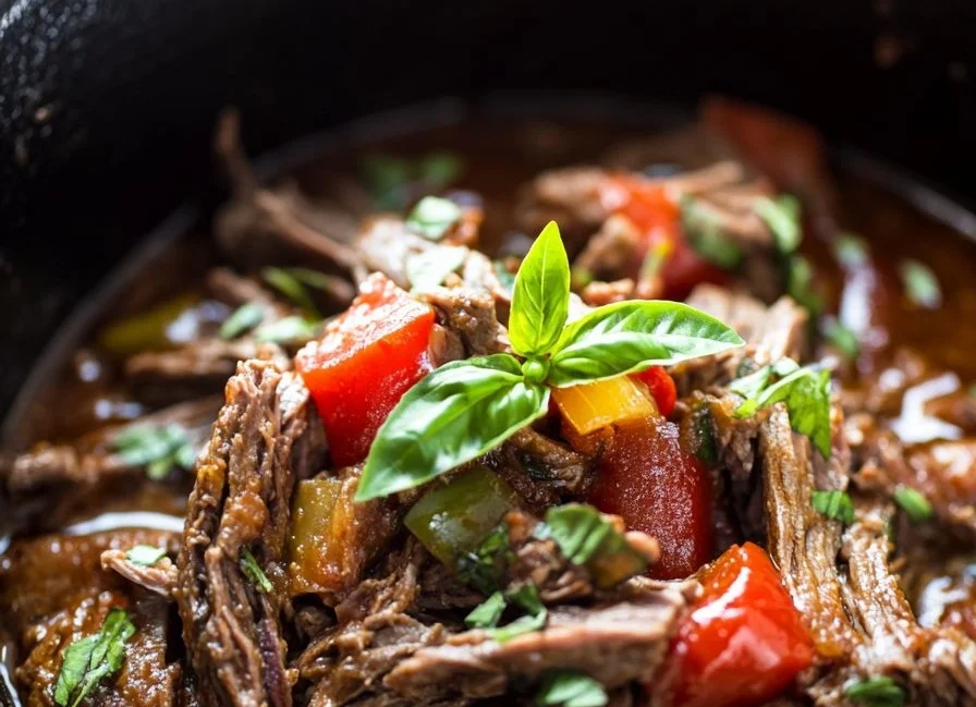 Slow cooker Italian beef dish served with low carb ingredients.