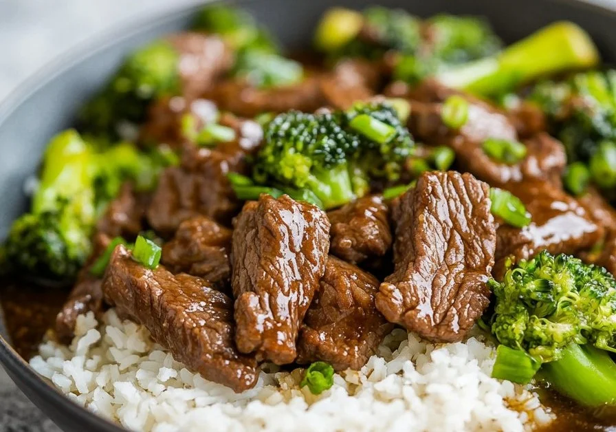 One-Pan Chinese Beef and Broccoli served in a bowl with vegetables