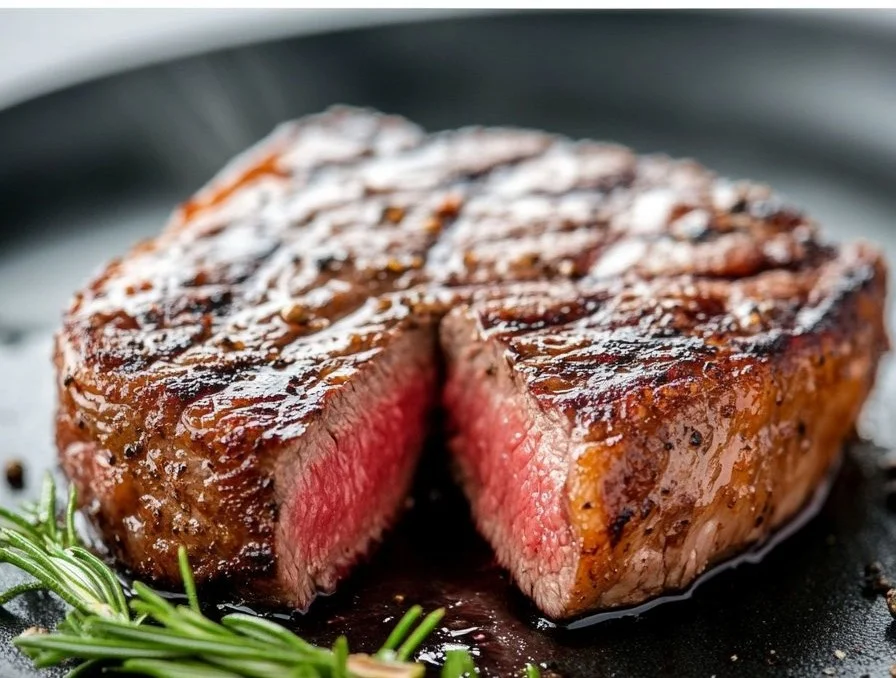 Pan seared ribeye steak cooked to perfection on a skillet