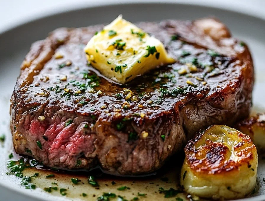 Pan seared steak garnished with garlic butter, served on a plate.