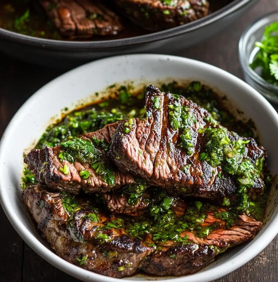 Delicious skirt steak marinated with chimichurri sauce