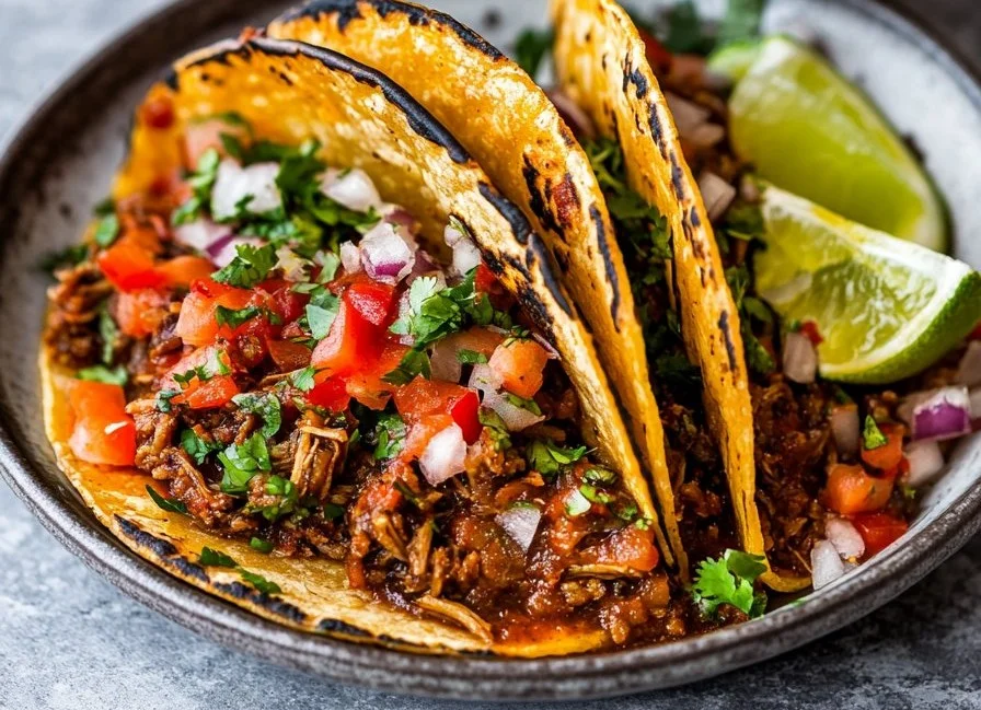 Delicious slow cooker birria tacos served with fresh toppings