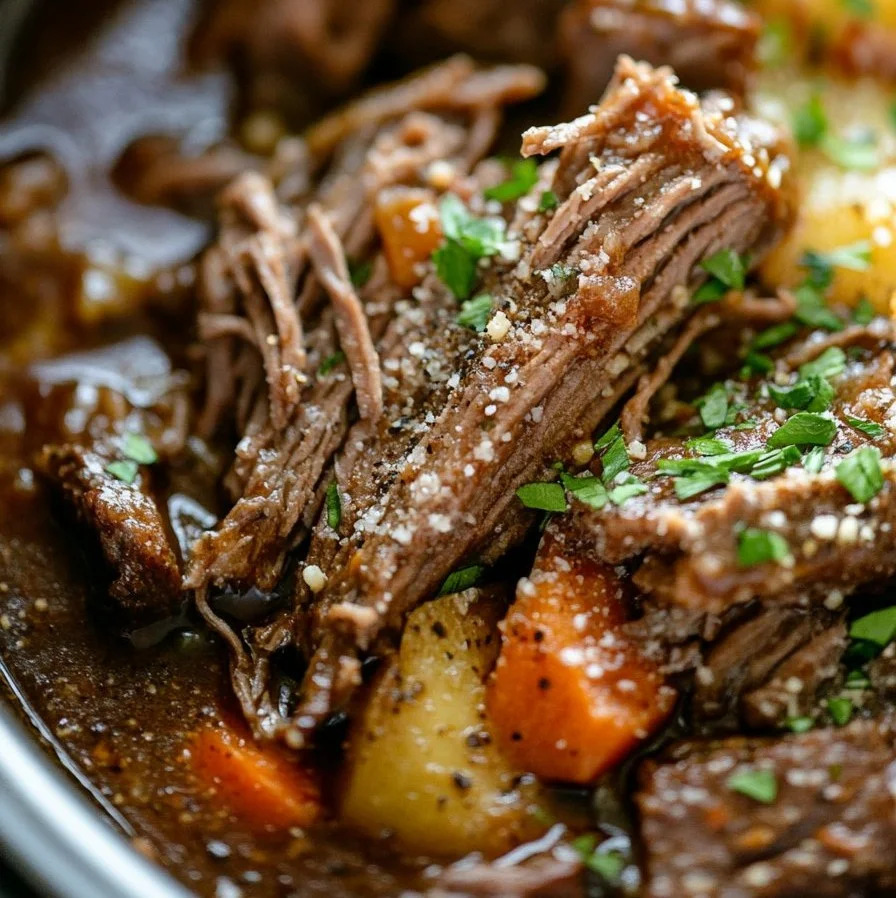 Delicious slow cooker Italian beef served in a sandwich with peppers and spices.
