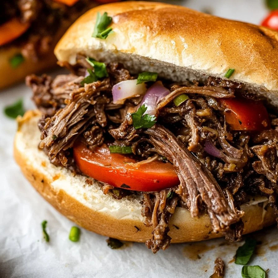 Slow Cooker Italian Beef Sandwiches served on a fresh roll with savory sauce