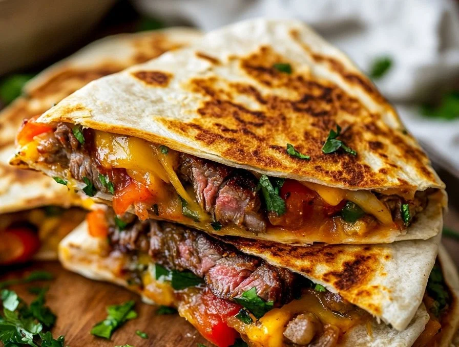 Delicious steak fajita quesadillas filled with grilled steak and colorful peppers