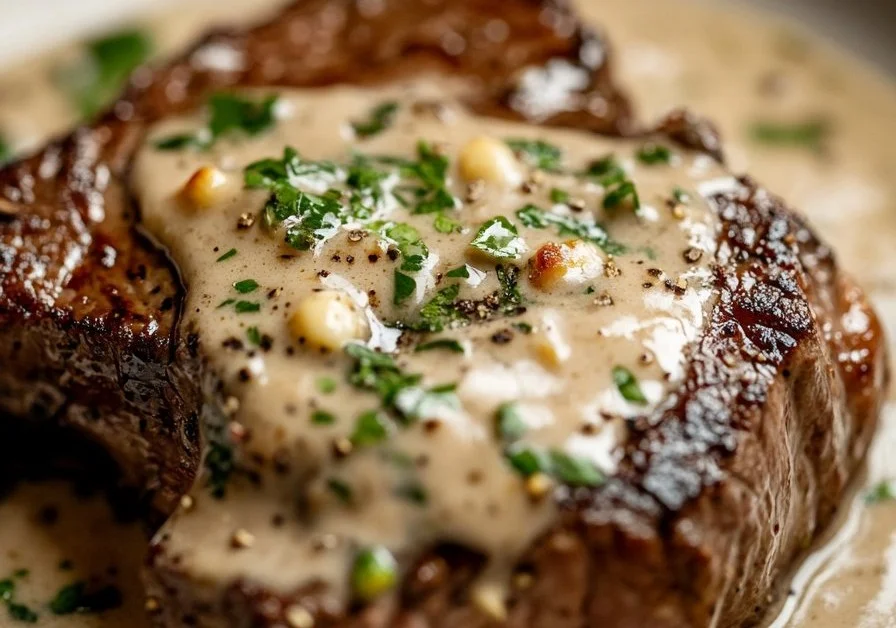 Steak topped with garlic cream sauce served on a plate