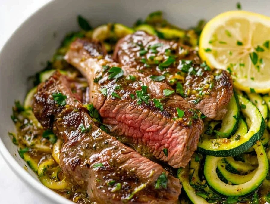15-Minute Lemon Garlic Butter Steak served with Zucchini Noodles