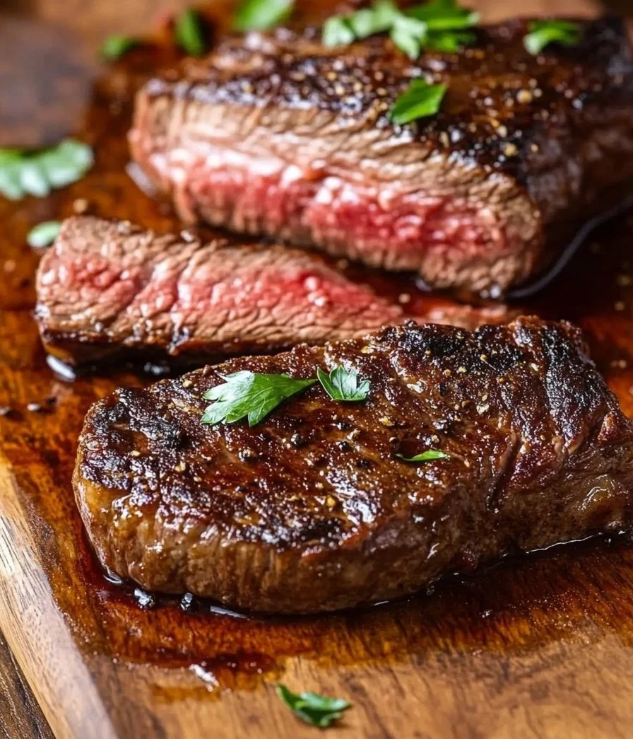Delicious baked skirt steak seasoned and ready to serve.