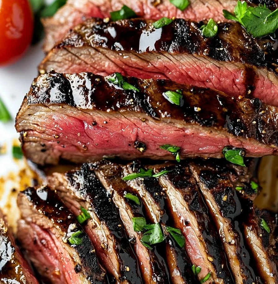 Delicious balsamic flank steak served with herbs and vegetables.