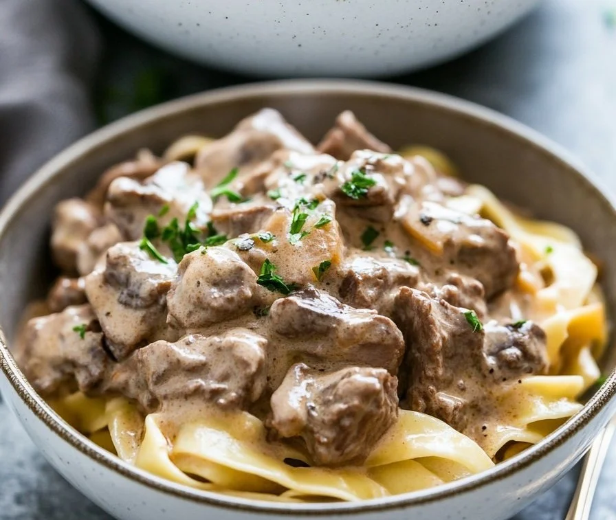 Creamy Beef Stroganoff served with egg noodles and mushrooms