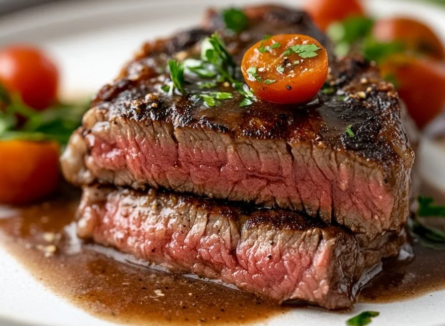 Succulent flank steak served with a rich pan sauce on a plate.
