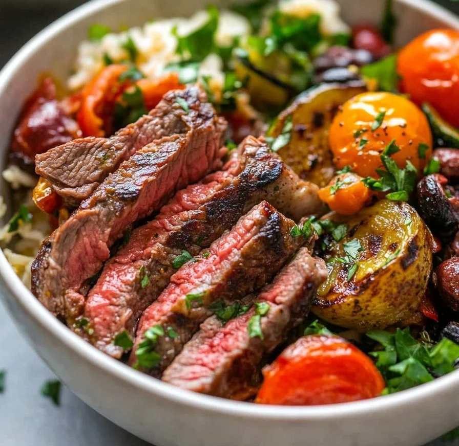 Mediterranean Steak Bowls with fresh vegetables and flavorful dressing