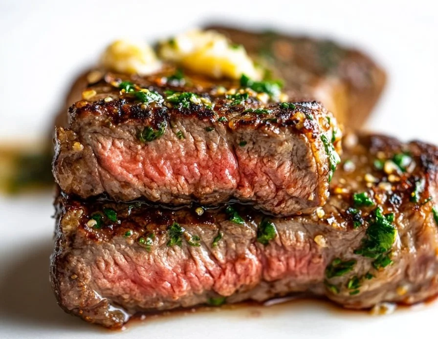 Juicy Garlic Butter Ribeye steak garnished with herbs