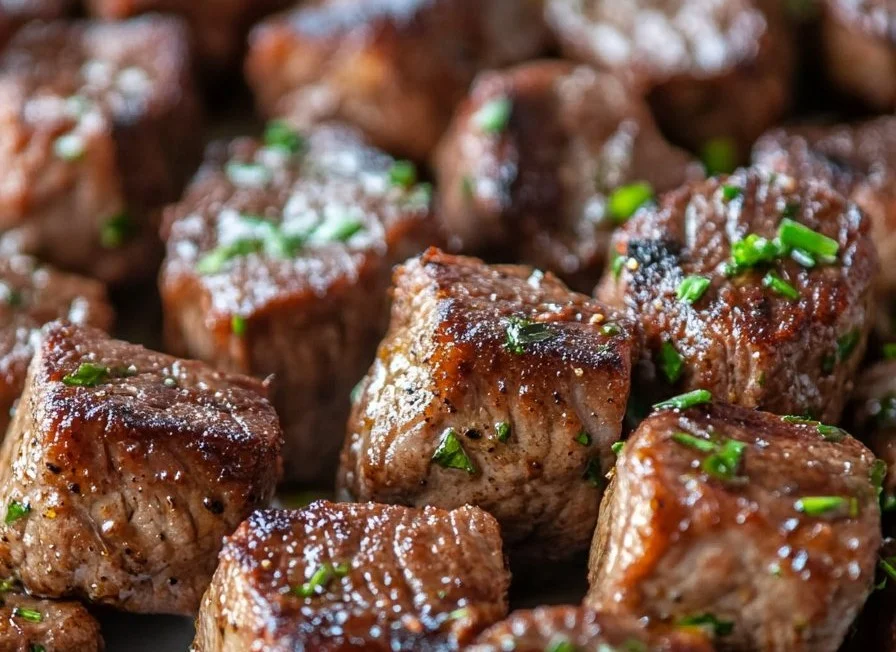 Delicious garlic butter steak bites served on a plate with herbs
