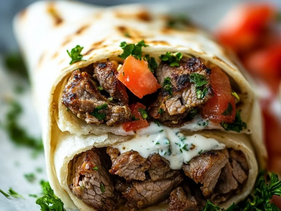 Delicious Greek Beef Wraps with Garlic Yogurt Sauce served on a plate.
