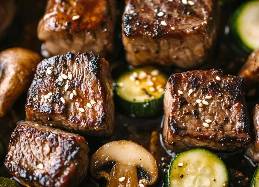 Hibachi steak bites served with zucchini and mushrooms on a plate.