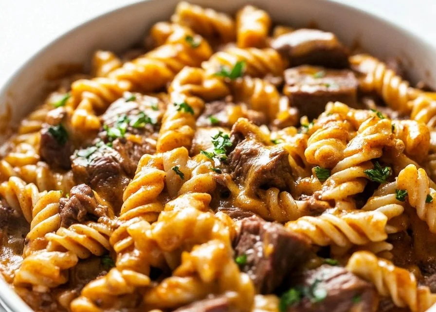 Creamy honey buffalo steak pasta bake served in a rustic dish.