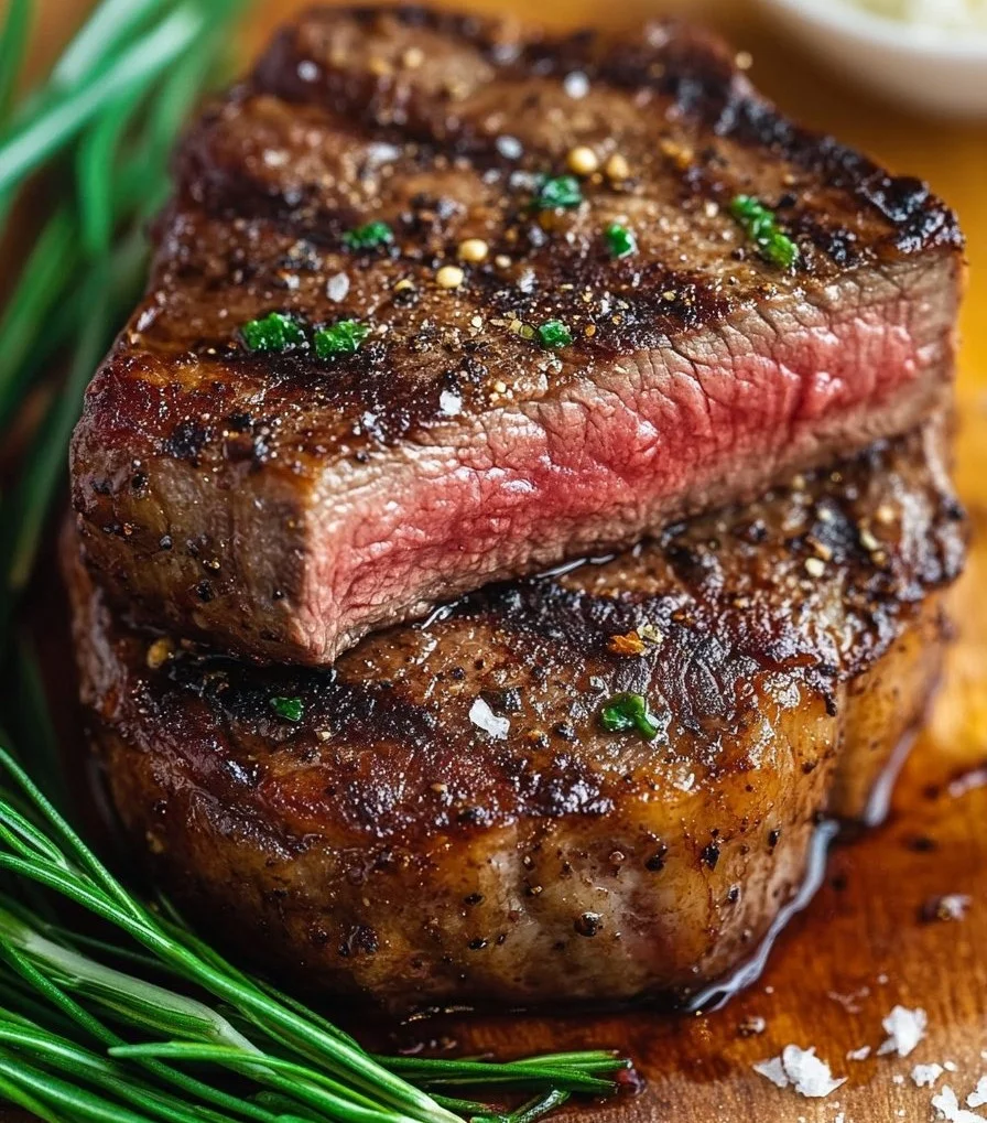 Juicy oven roasted steak served with vegetables