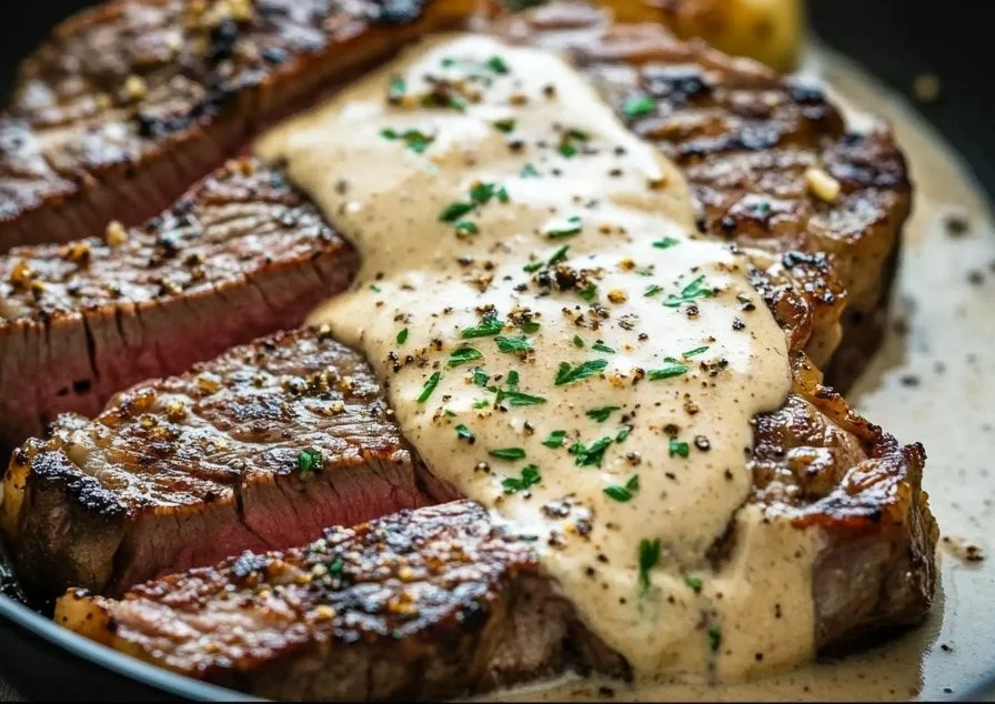Perfectly seared steak served with creamy garlic sauce