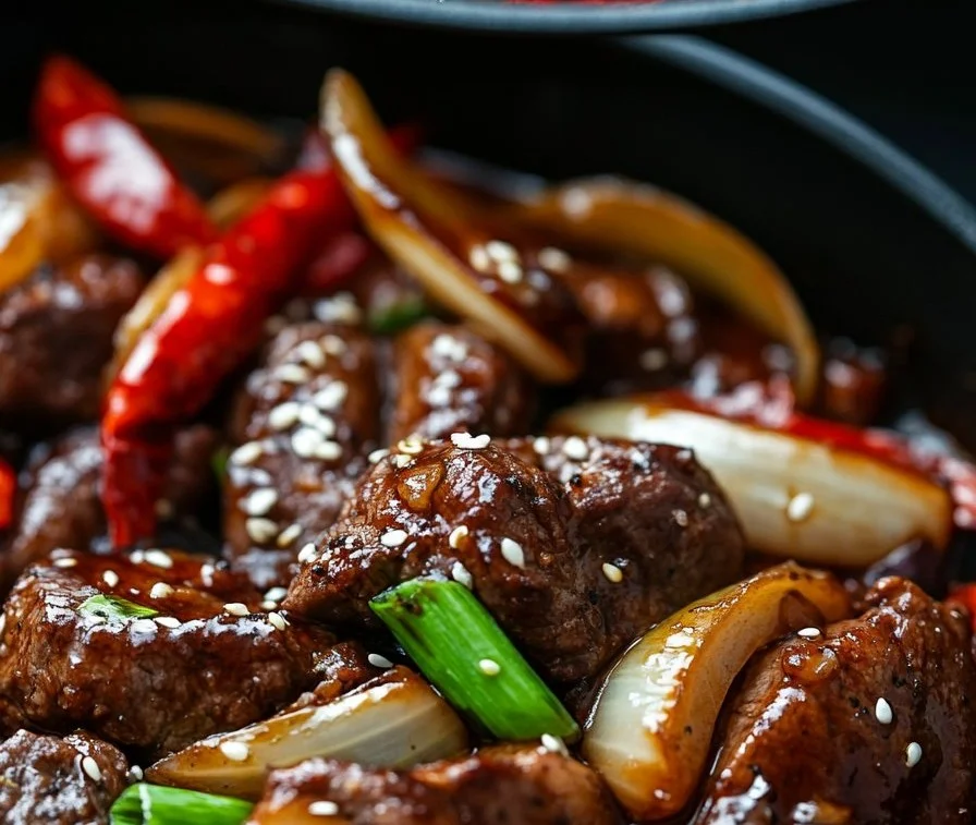 Sizzling Chinese pepper steak with onions served on a plate