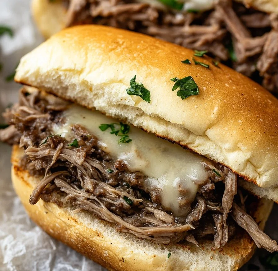 Slow Cooker French Dip Sandwich served with dipping sauce