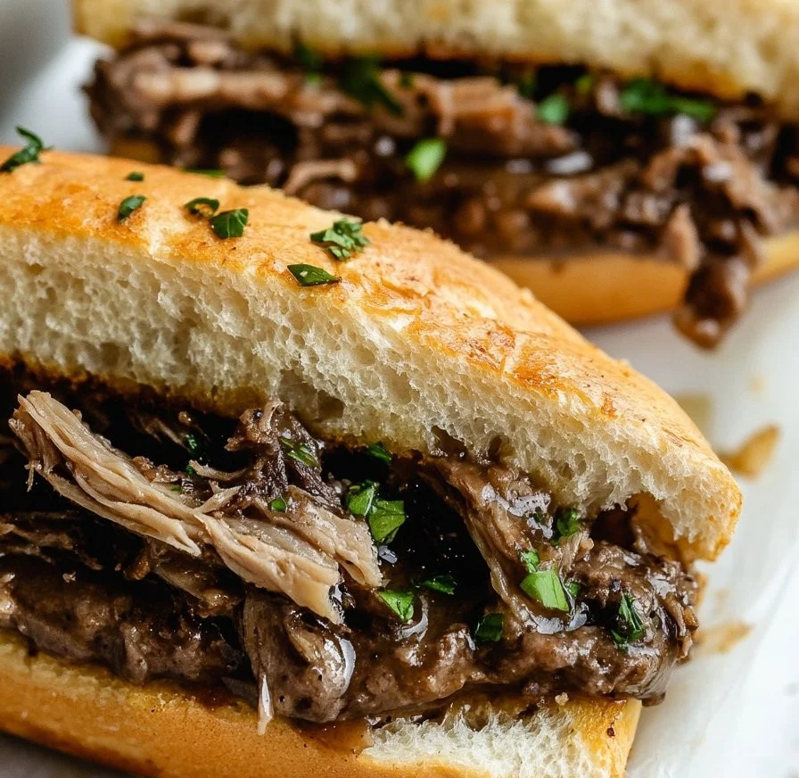 Slow Cooker French Dip Sandwiches served with dipping broth